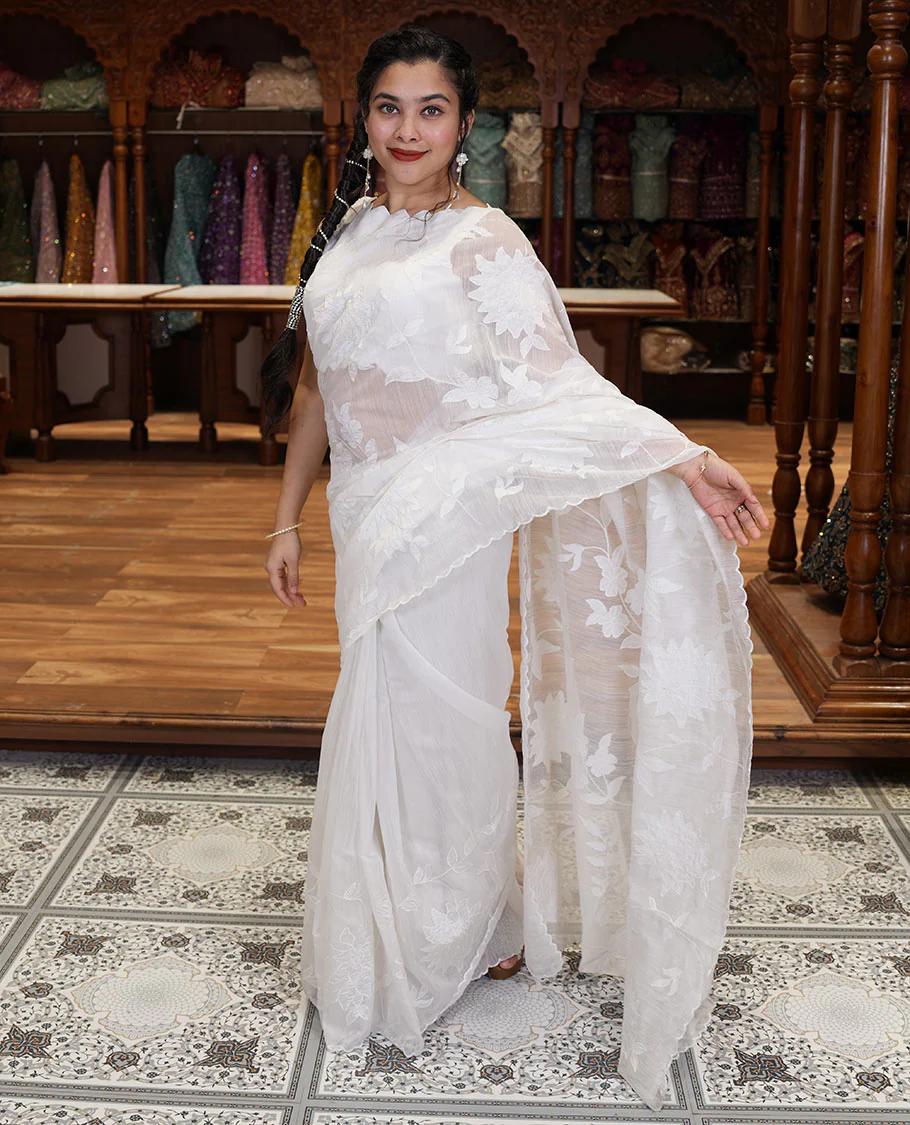 White floral vine applique embroidered linen saree, scallop border, floral motifs embroidered pallu, and a plain blouse - Image 3