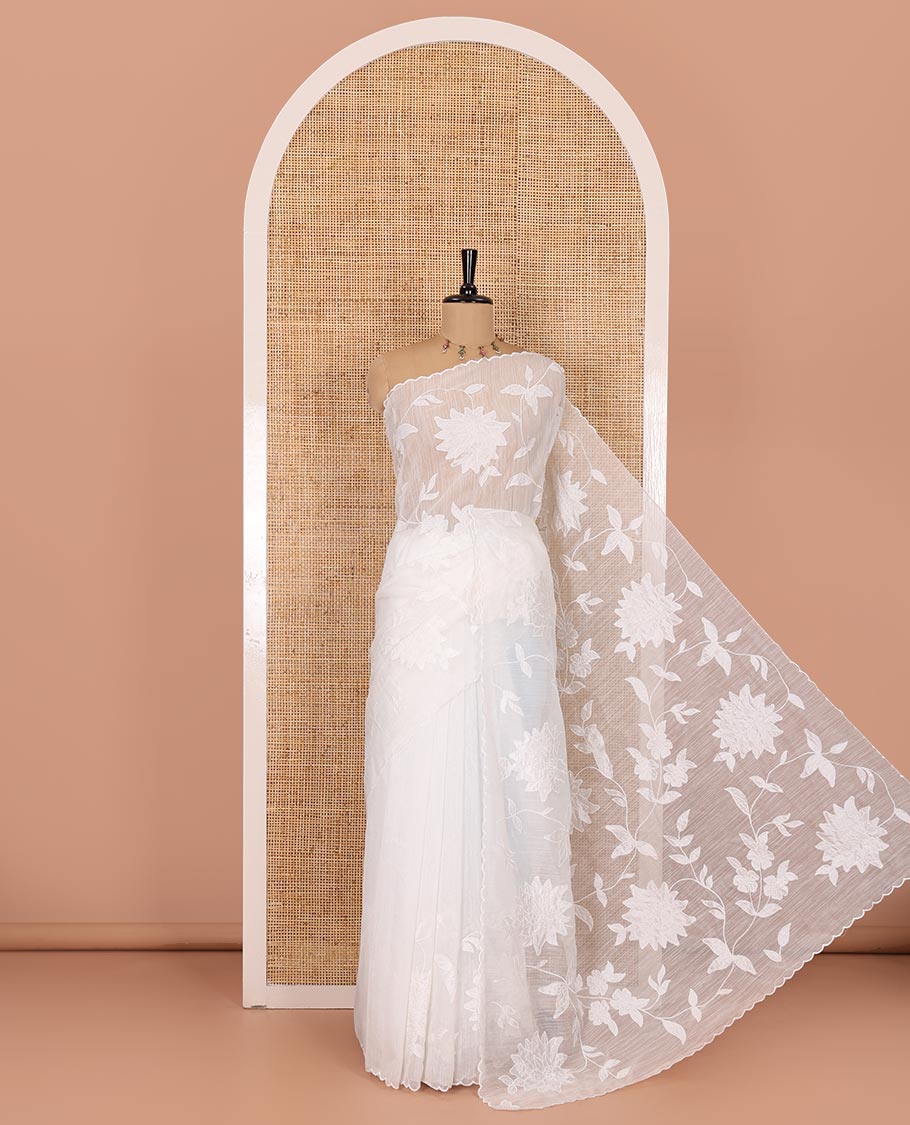 White floral vine applique embroidered linen saree, scallop border, floral motifs embroidered pallu, and a plain blouse - Image 4