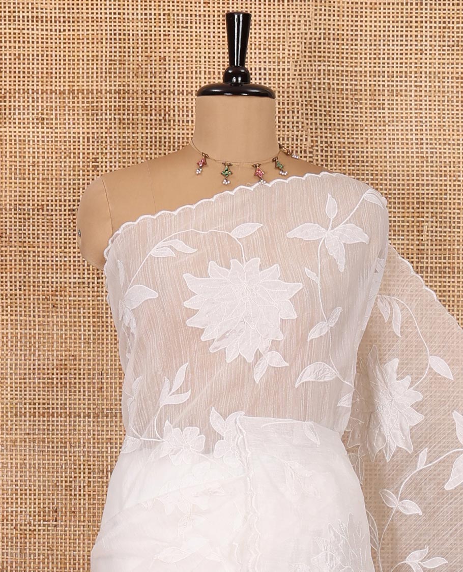 White floral vine applique embroidered linen saree, scallop border, floral motifs embroidered pallu, and a plain blouse - Image 5