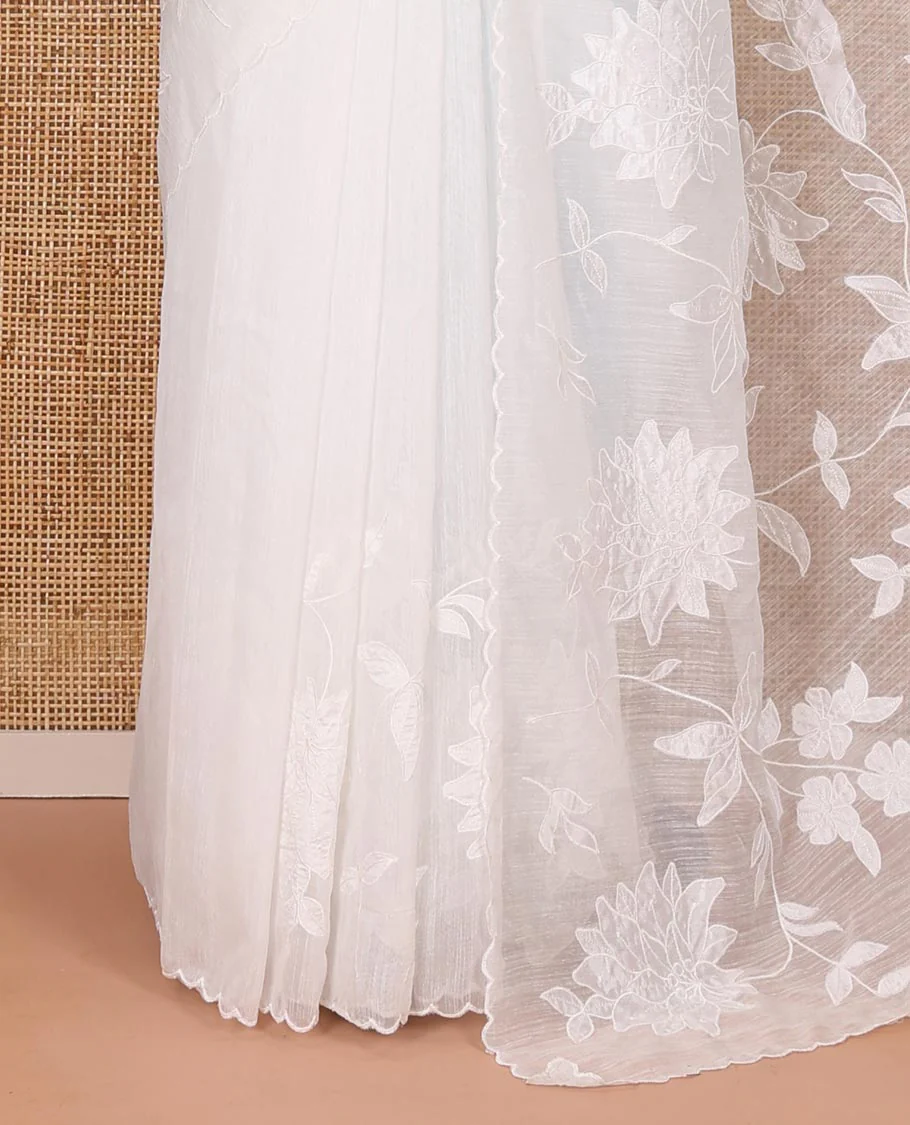 White floral vine applique embroidered linen saree, scallop border, floral motifs embroidered pallu, and a plain blouse - Image 6