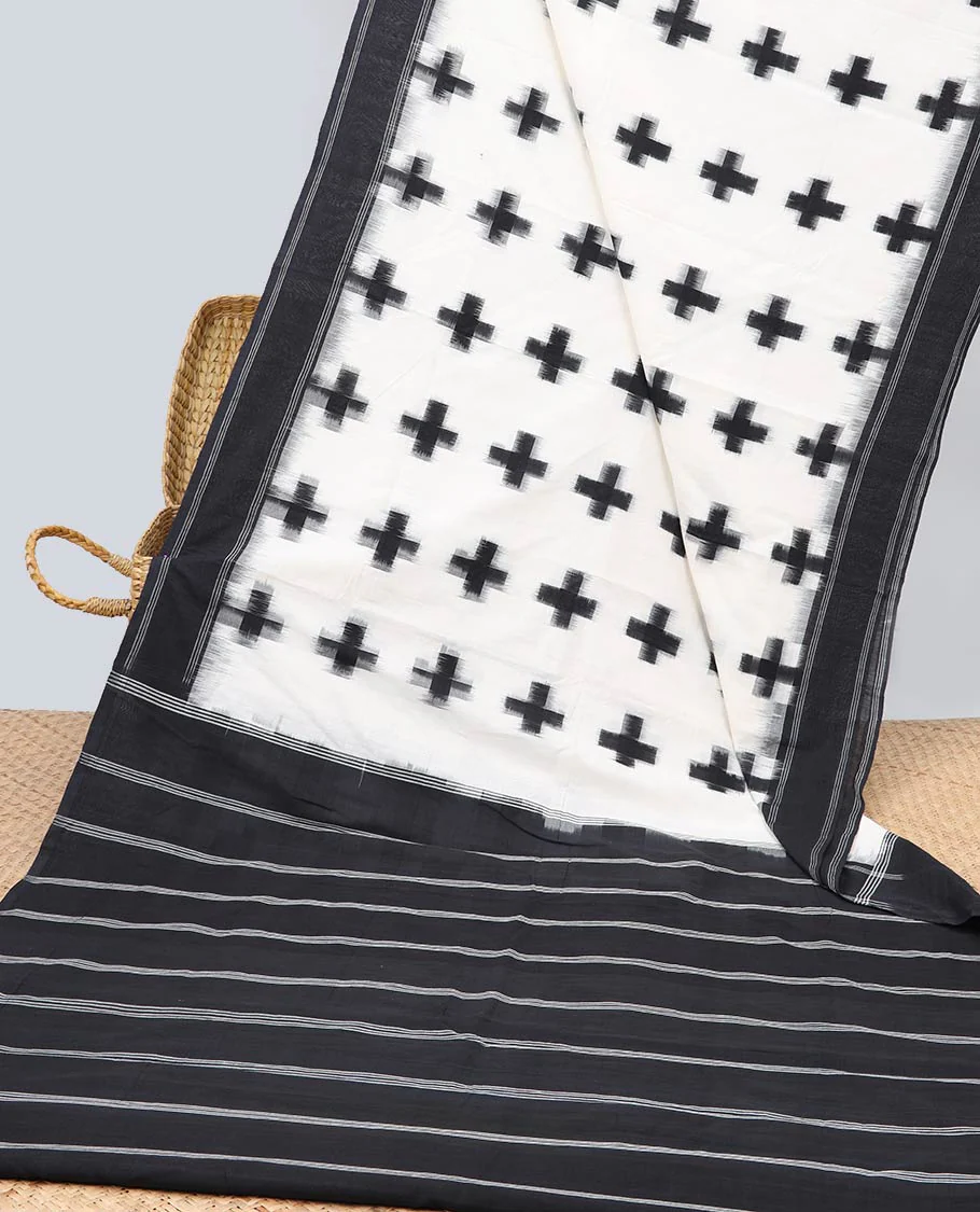white geometric design ikkat cotton saree with contrast striped border & striped design pallu - Image 2