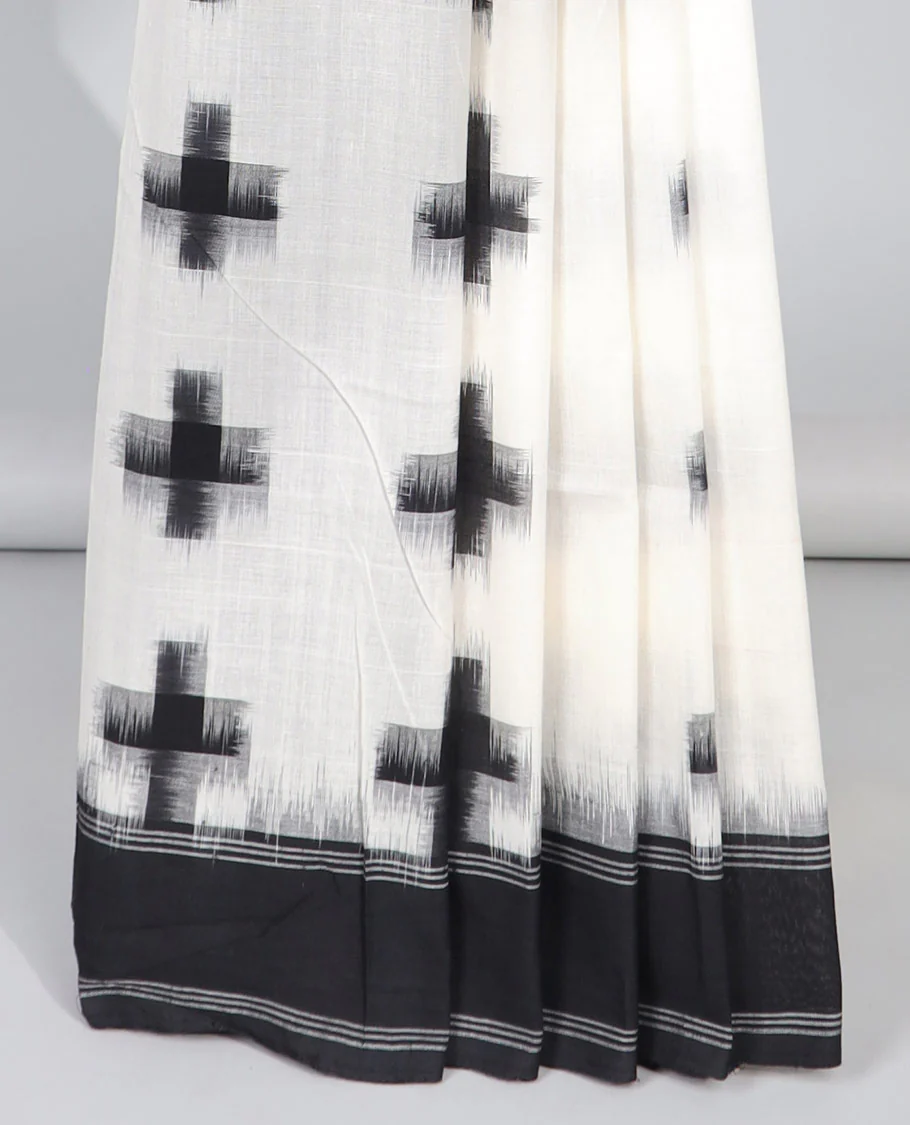 white geometric design ikkat cotton saree with contrast striped border & striped design pallu - Image 4