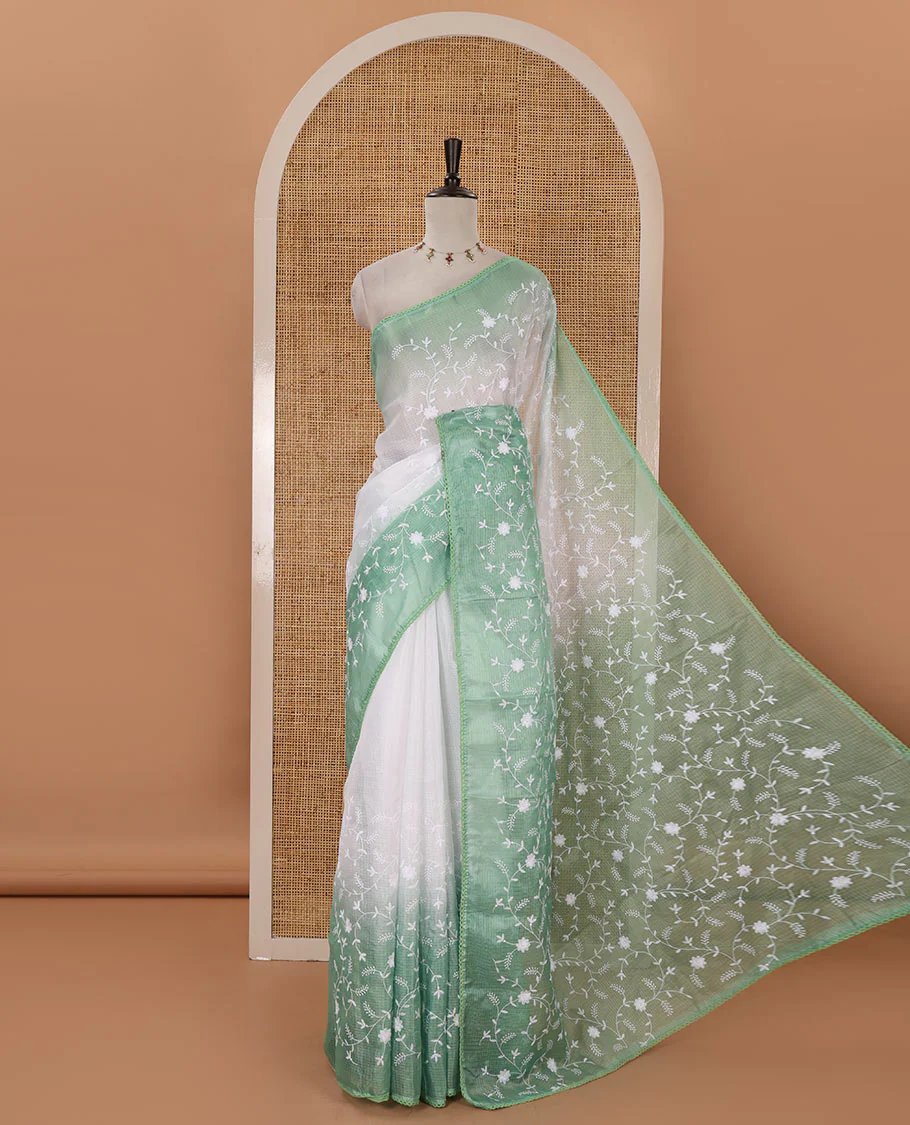 White-green color 2D-style print & floral vine chikankari embroidered kota check saree, lace border & plain blouse