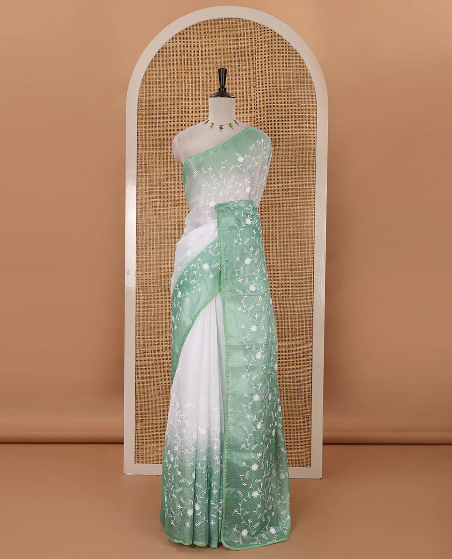 White-green color 2D-style print & floral vine chikankari embroidered kota check saree, lace border & plain blouse - Image 2
