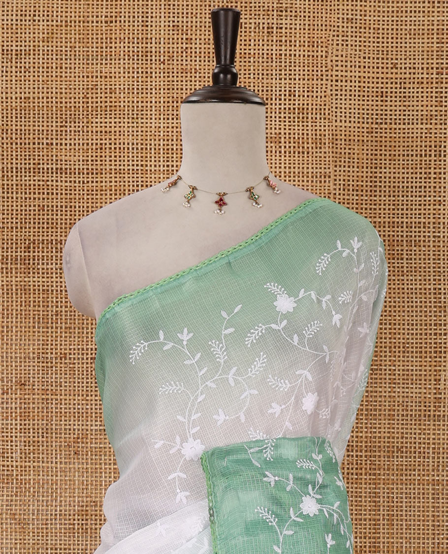 White-green color 2D-style print & floral vine chikankari embroidered kota check saree, lace border & plain blouse - Image 3