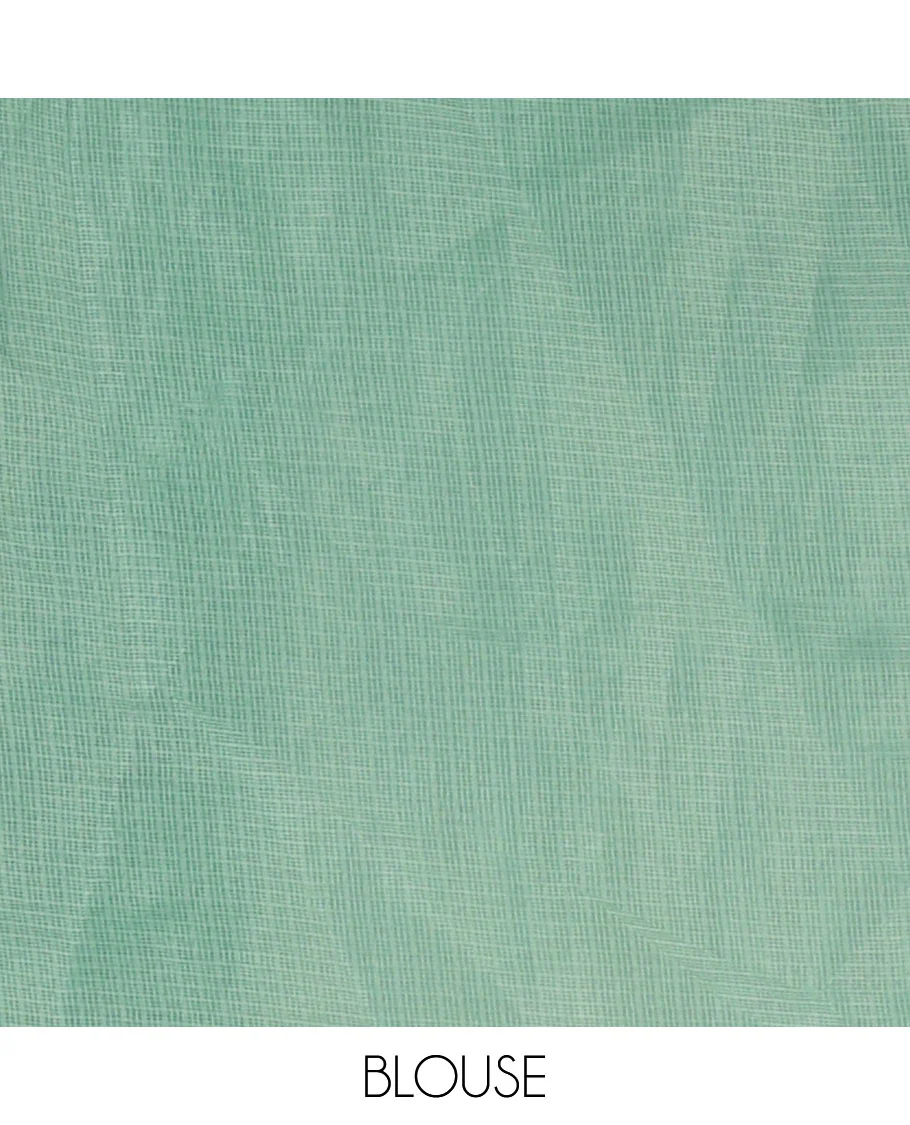 White-green color 2D-style print & floral vine chikankari embroidered kota check saree, lace border & plain blouse - Image 4