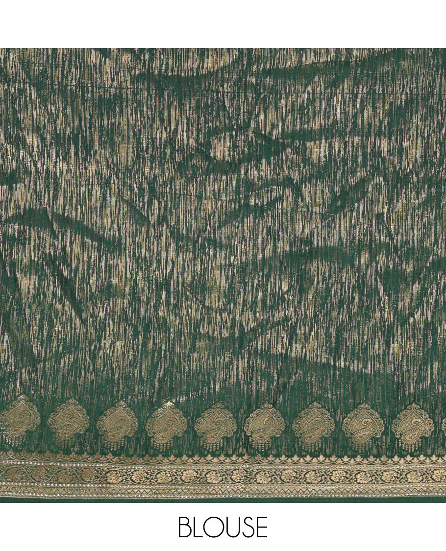 White-green half-saree, buttas with contrast bird motifs embroidered with stone work, bordered patola silk skirt, zari brocade blouse, and a Syska georgette embroidered dhavani - Image 4