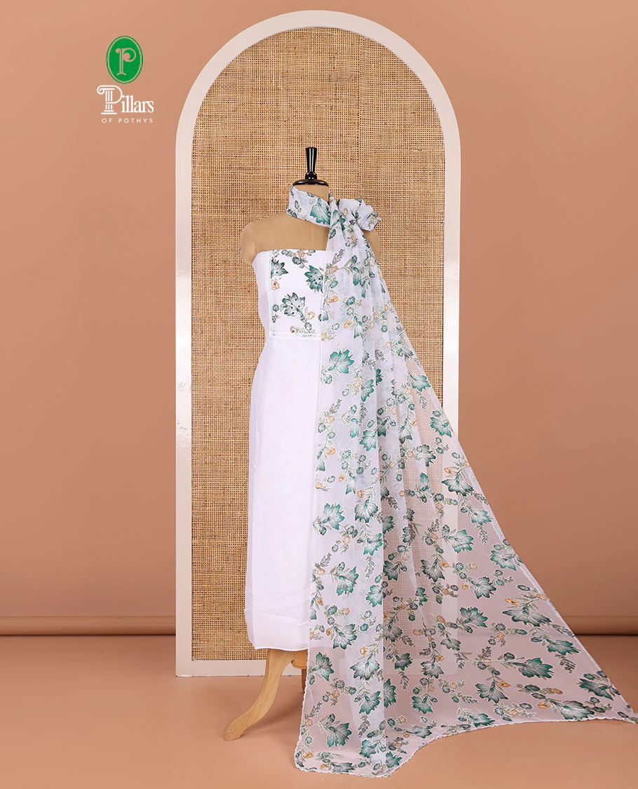 White-green material chudidar set, floral vine printed with orginal mirror work Vichitra silk top, a matching bottom, and a floral vine printed georgette dupatta