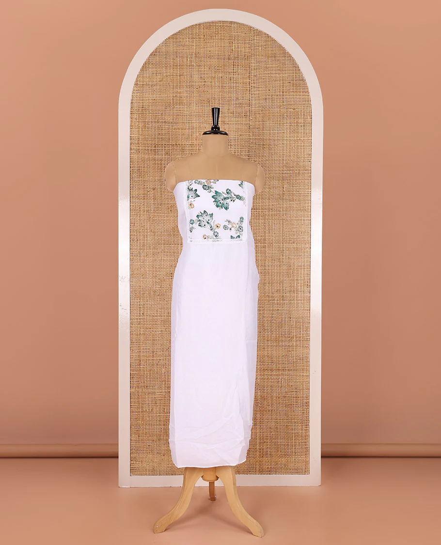 White-green material chudidar set, floral vine printed with orginal mirror work Vichitra silk top, a matching bottom, and a floral vine printed georgette dupatta - Image 2