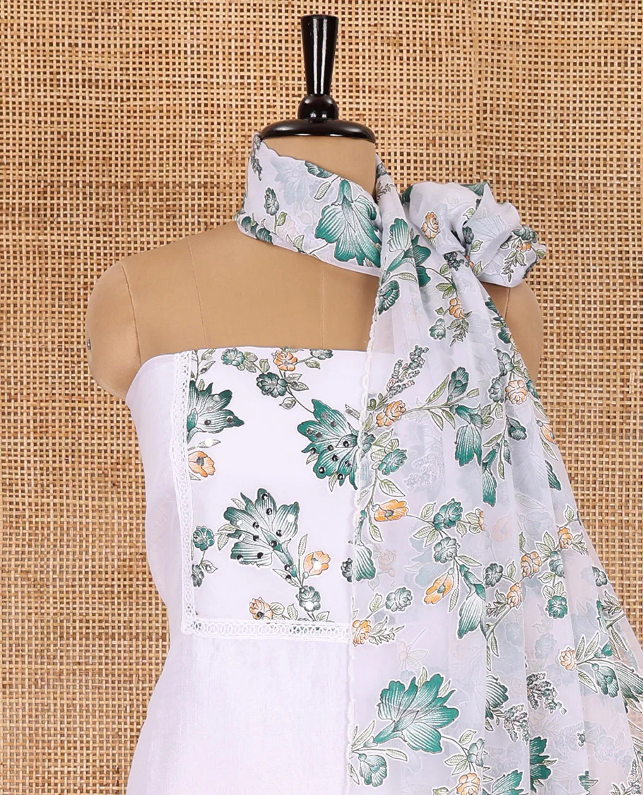 White-green material chudidar set, floral vine printed with orginal mirror work Vichitra silk top, a matching bottom, and a floral vine printed georgette dupatta - Image 3