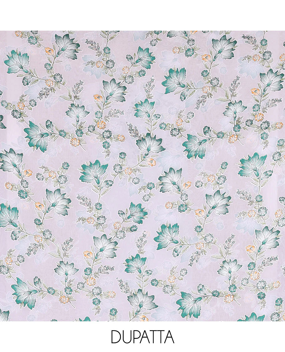 White-green material chudidar set, floral vine printed with orginal mirror work Vichitra silk top, a matching bottom, and a floral vine printed georgette dupatta - Image 5