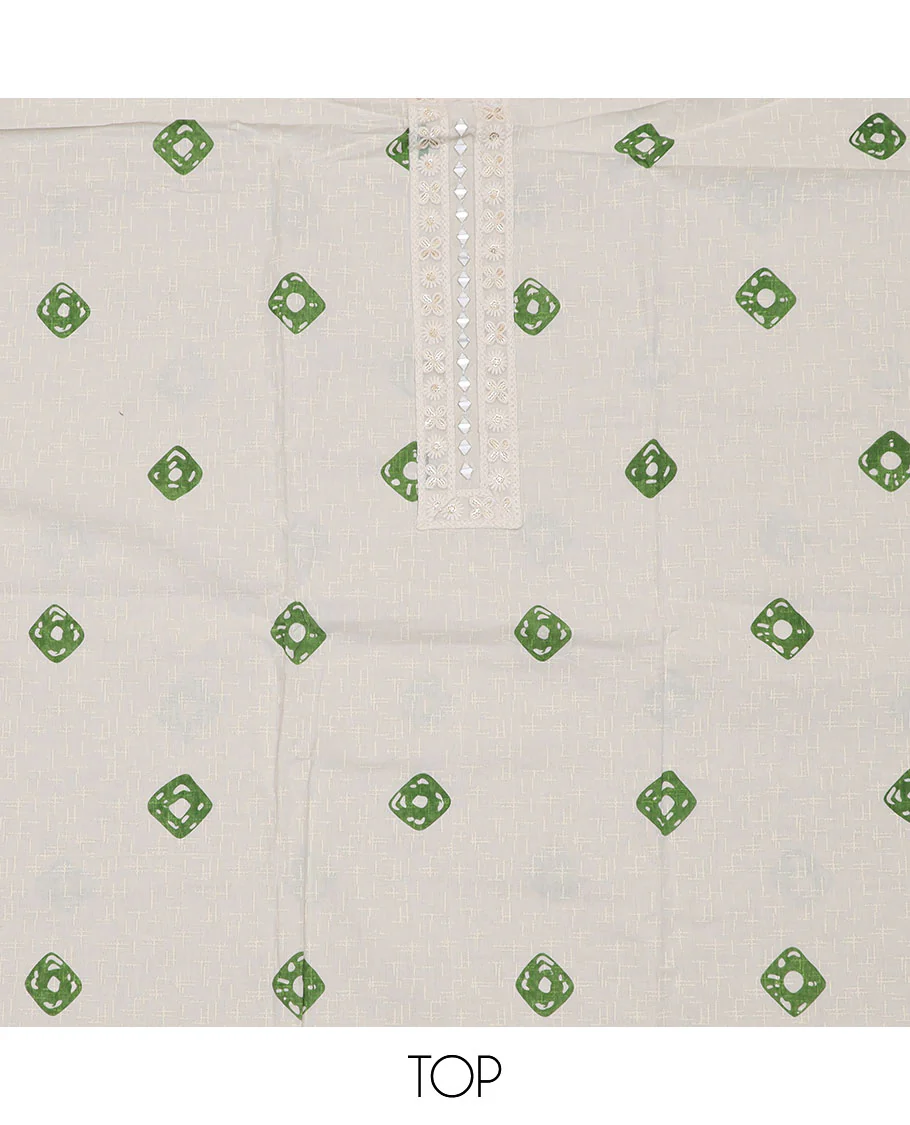 White-green material churidar set, shibori motifs print with mirror embroidered top, plain bottom, and a chex kota dupatta of polka dots - Image 2