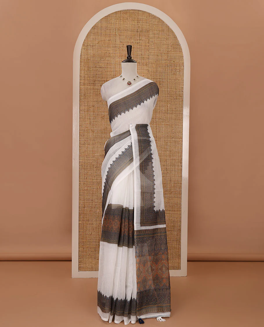 White half-plain & half-printed body linen cotton saree, intricately printed border, printed pallu & printed blouse - Image 2