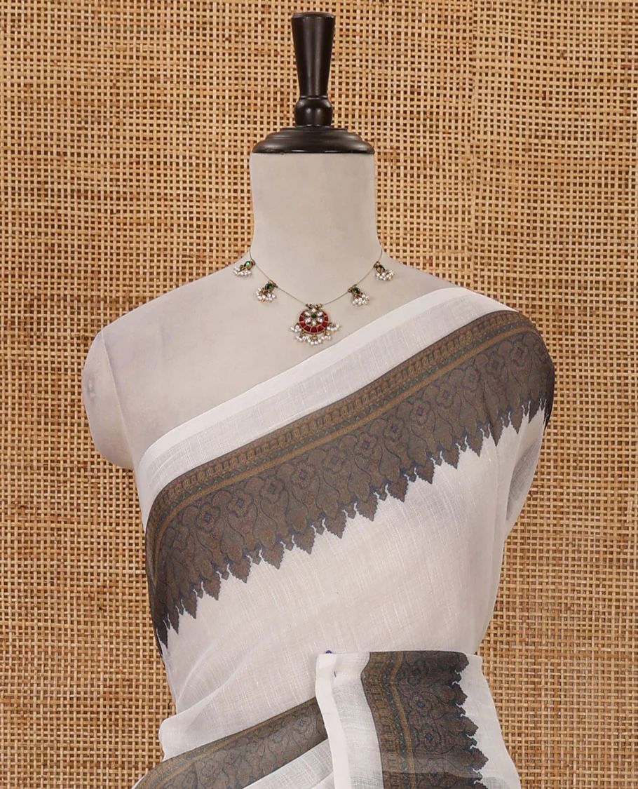 White half-plain & half-printed body linen cotton saree, intricately printed border, printed pallu & printed blouse - Image 3