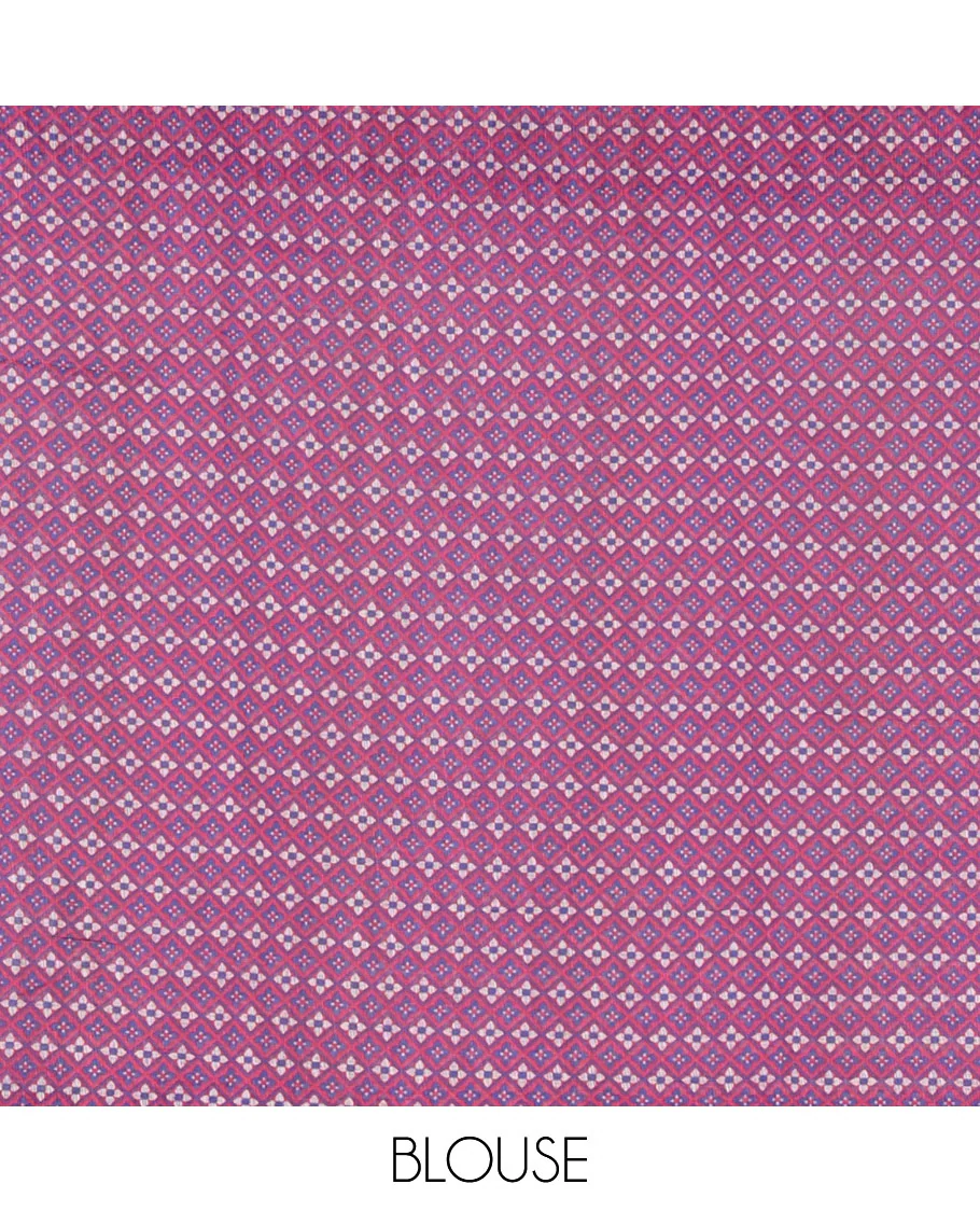 White half-plain & half-printed linen cotton saree, pink-color diamond-patterned border, kalamkari-style flora-fauna printed pallu & diamond jaal printed blouse - Image 4