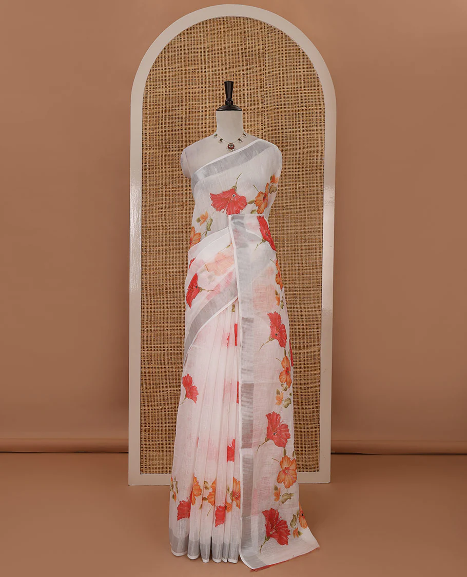 White hibiscus motifs printed & embroidered linen saree, silver zari border, hibiscus motifs printed pallu & hibiscus printed blouse - Image 2