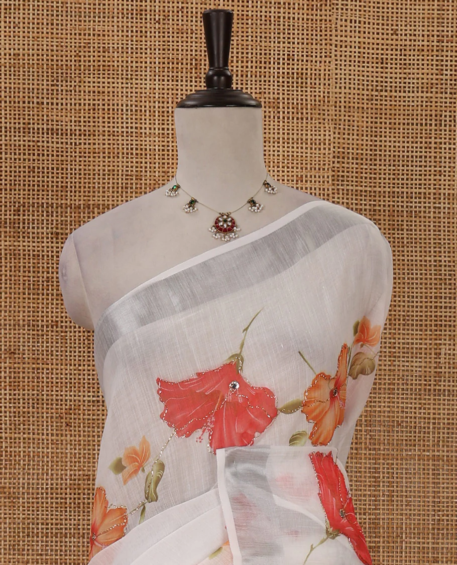 White hibiscus motifs printed & embroidered linen saree, silver zari border, hibiscus motifs printed pallu & hibiscus printed blouse - Image 3