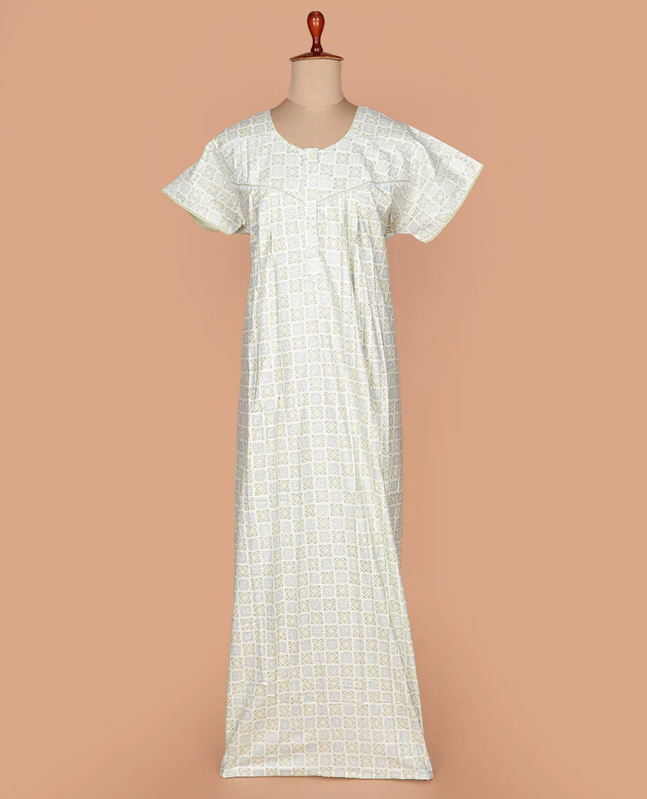 White intricate printed with round neck half-sleeve cotton nighty - Image 2
