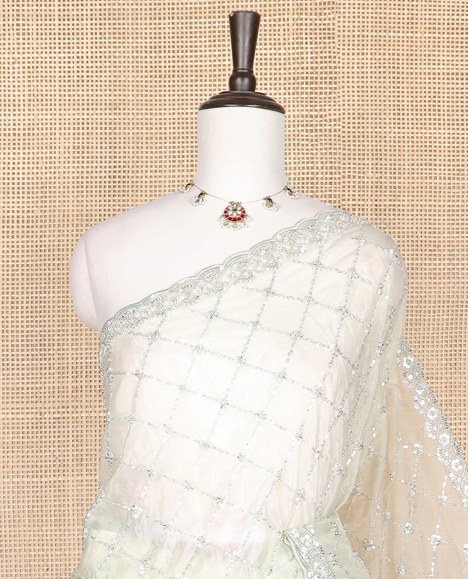 White jaal design kardana & sequins embroidered designer saree, scallop kardana & sequins embroidered border - Image 2
