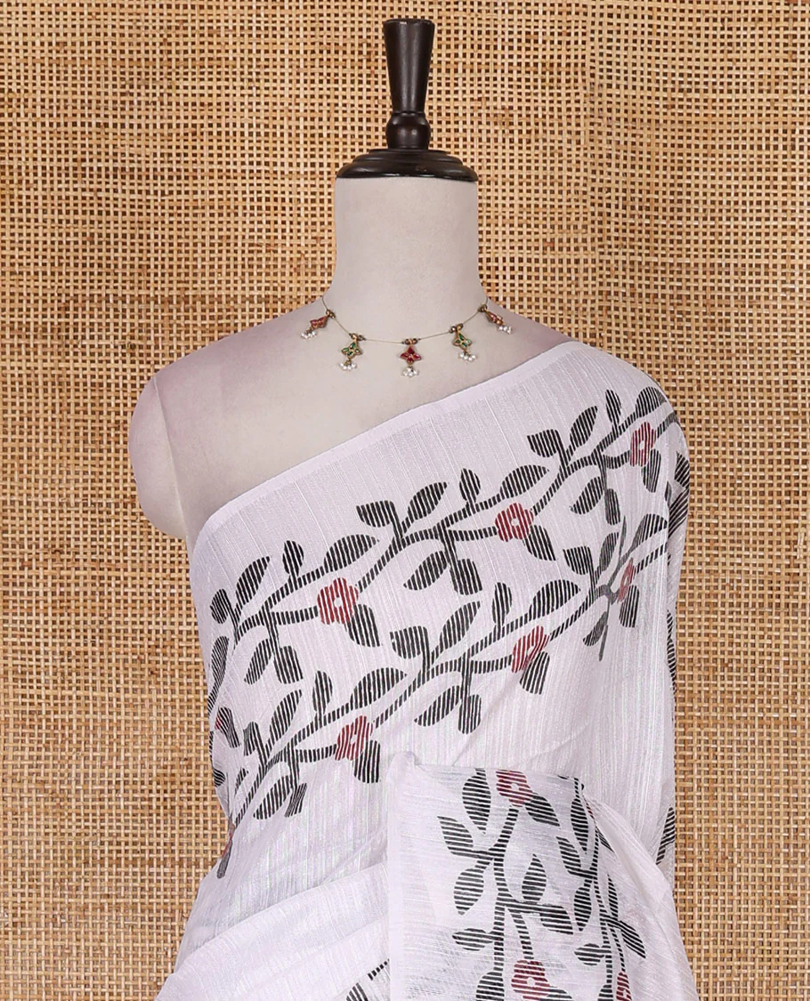 White jamdani style floral vine design semi-jute silk saree, floral vine printed border, pallu, and blouse of small buttas print - Image 3