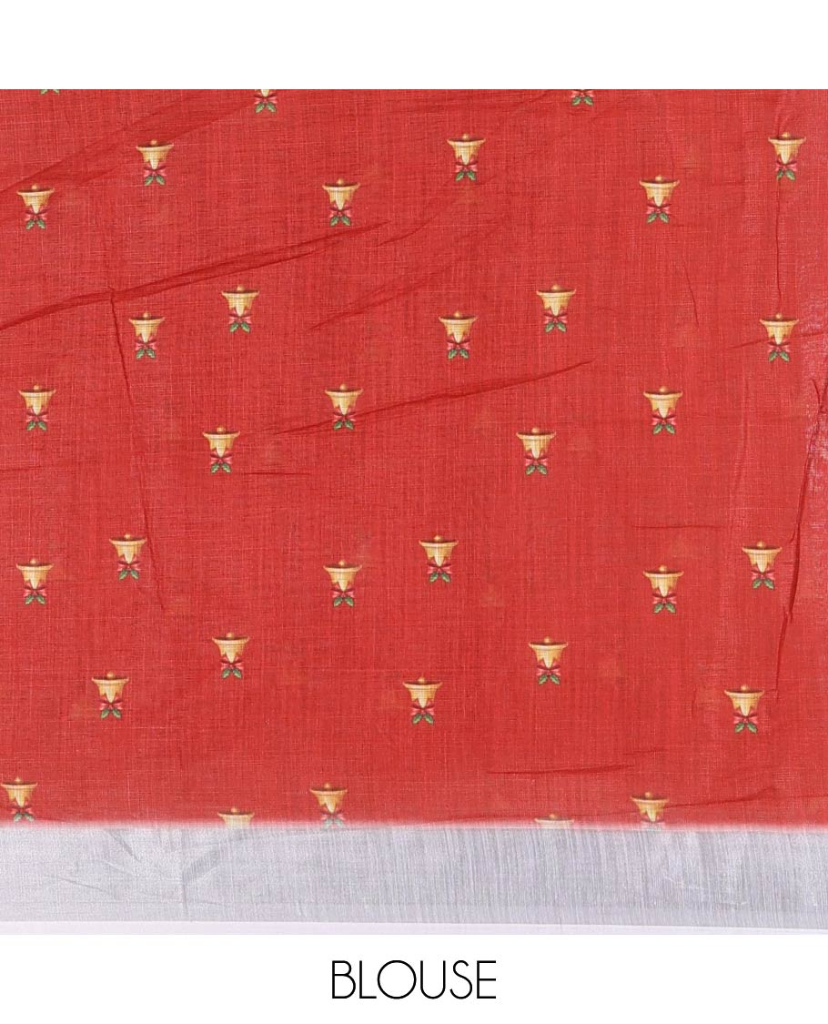 White jingle bell and Christmas tree motifs printed linen saree with bavanji borders, Santa Claus figure printed pallu, and a contrast jingle bell printed blouse - Image 5