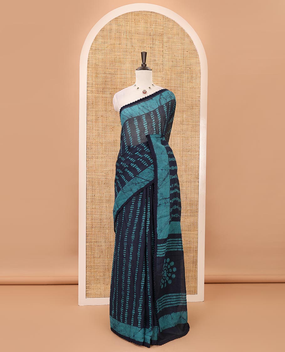 Blue handblock wax batik printed kota check saree, contrast batik print lacework border, batik print pallu & polka dots print blouse - Image 3