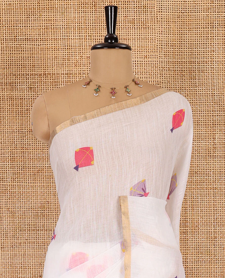 White kite motifs printed linen cotton saree, piping zari border, kite motifs printed pallu, and a contrast ikkat style printed blouse - Image 3