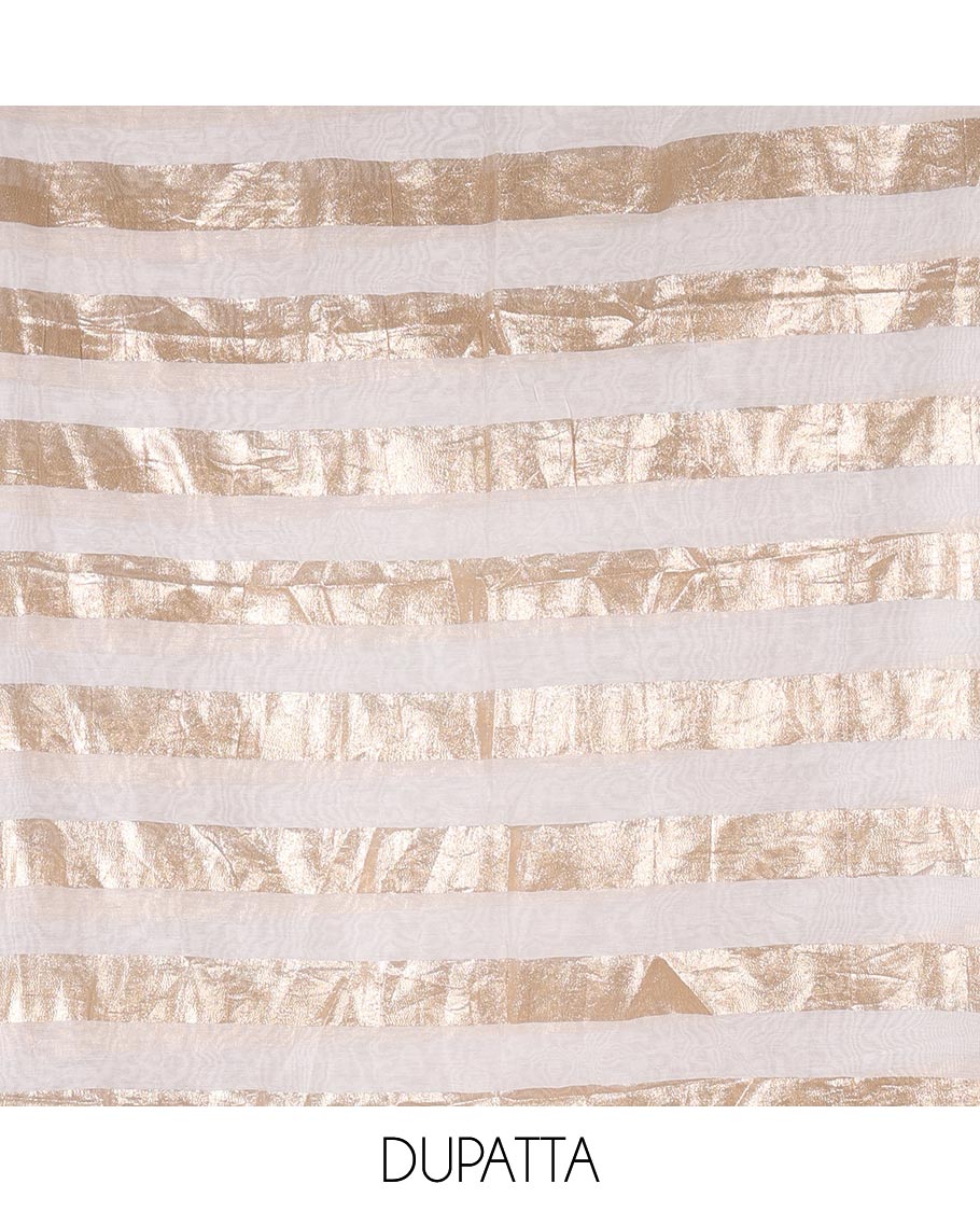 White material chudidar set, plain with pom-pom tasseled mul chanderi top, a matching bottom, and organza dupatta of stripes - Image 2