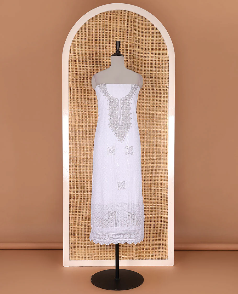 White material churidar set, stone work with Schiffli style embroidered georgette top, American Crape bottom, and polka dotted printed mirror work dupatta - Image 4