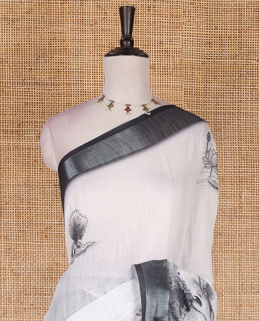 White natural scenery painting style printed linen cotton saree with contrast bavanji border, scenery printed pallu, and printed blouse - Image 3
