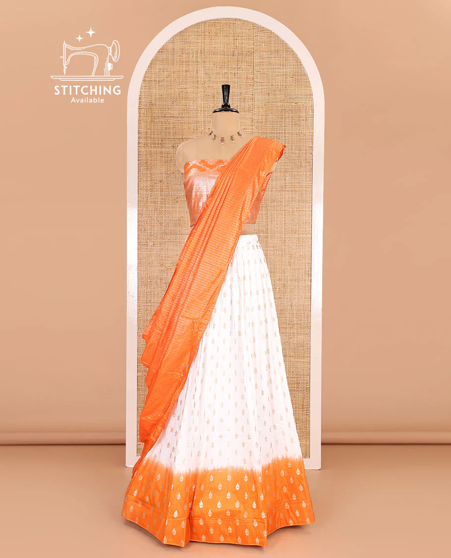 White-orange half-saree, zari buttas with contrast bordered nylon viscose crepe skirt, a jaal jacquard design Vichitra silk blouse, and a contrast striped Vichitra silk dhavani - Image 3