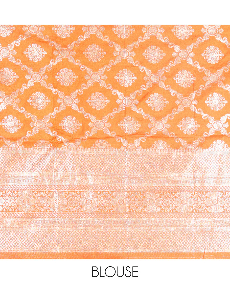 White-orange half-saree, zari buttas with contrast bordered nylon viscose crepe skirt, a jaal jacquard design Vichitra silk blouse, and a contrast striped Vichitra silk dhavani - Image 4
