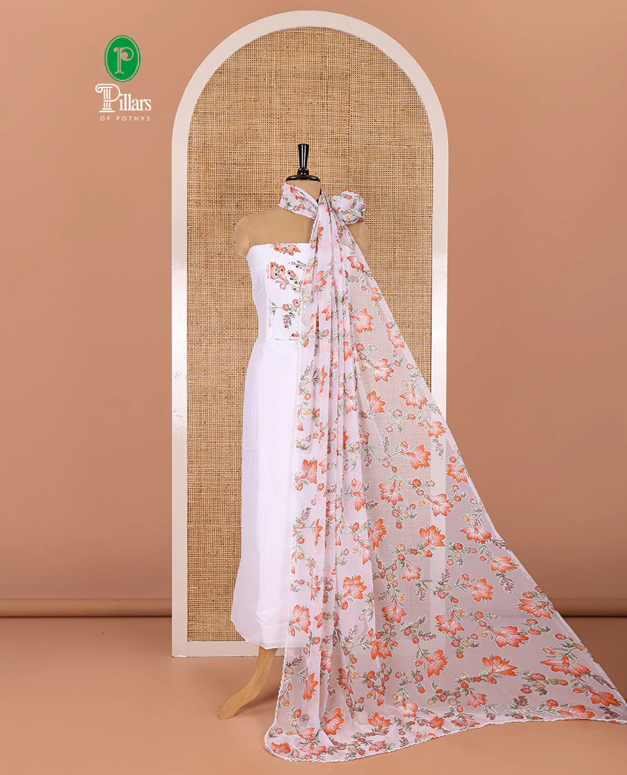 White-orange material chudidar set, floral vine printed with orginal mirror work Vichitra silk top, a matching bottom, and a floral vine printed georgette dupatta
