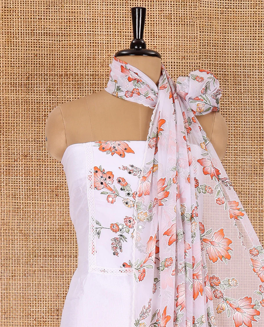 White-orange material chudidar set, floral vine printed with orginal mirror work Vichitra silk top, a matching bottom, and a floral vine printed georgette dupatta - Image 3