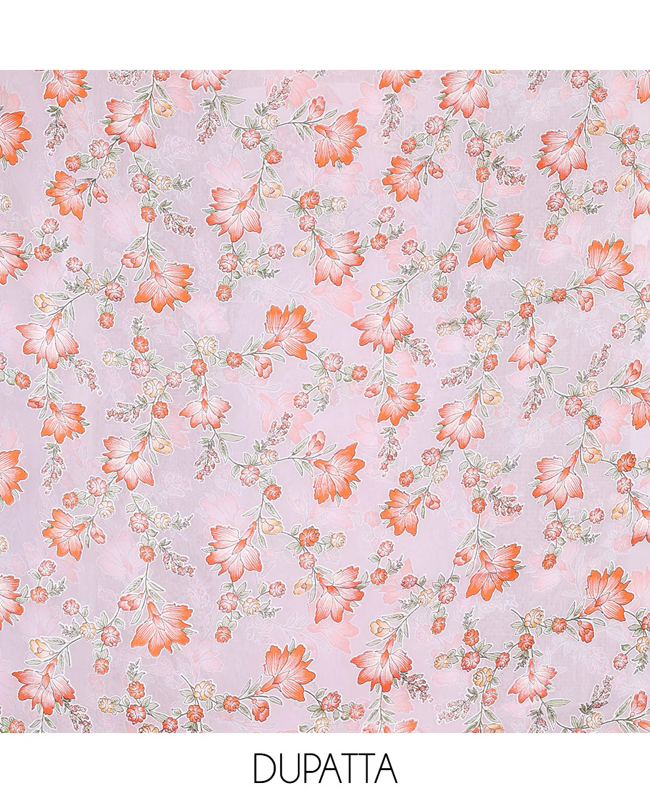 White-orange material chudidar set, floral vine printed with orginal mirror work Vichitra silk top, a matching bottom, and a floral vine printed georgette dupatta - Image 5