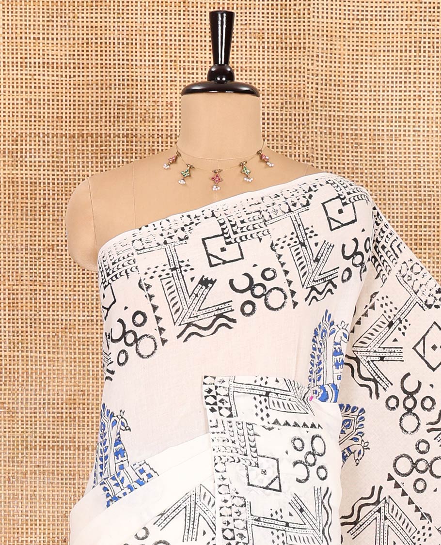 White peacock block printed mul cotton saree, geometric printed border, geometric printed pallu, and a matching block printed blouse - Image 4