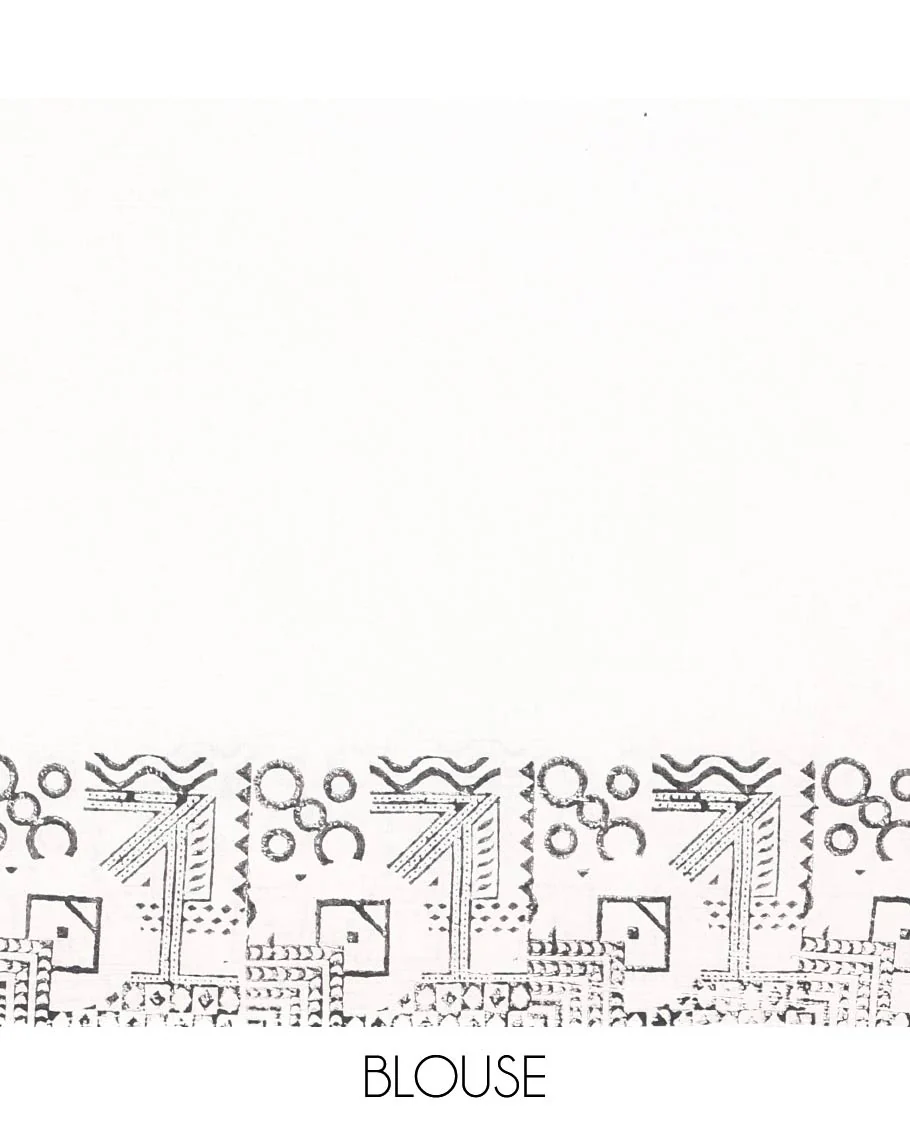 White peacock block printed mul cotton saree, geometric printed border, geometric printed pallu, and a matching block printed blouse - Image 6