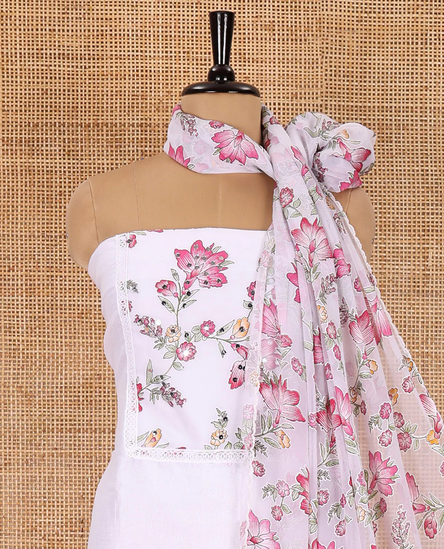 White-pink material chudidar set, floral vine printed with orginal mirror work Vichitra silk top, a matching bottom, and a floral vine printed georgette dupatta - Image 3