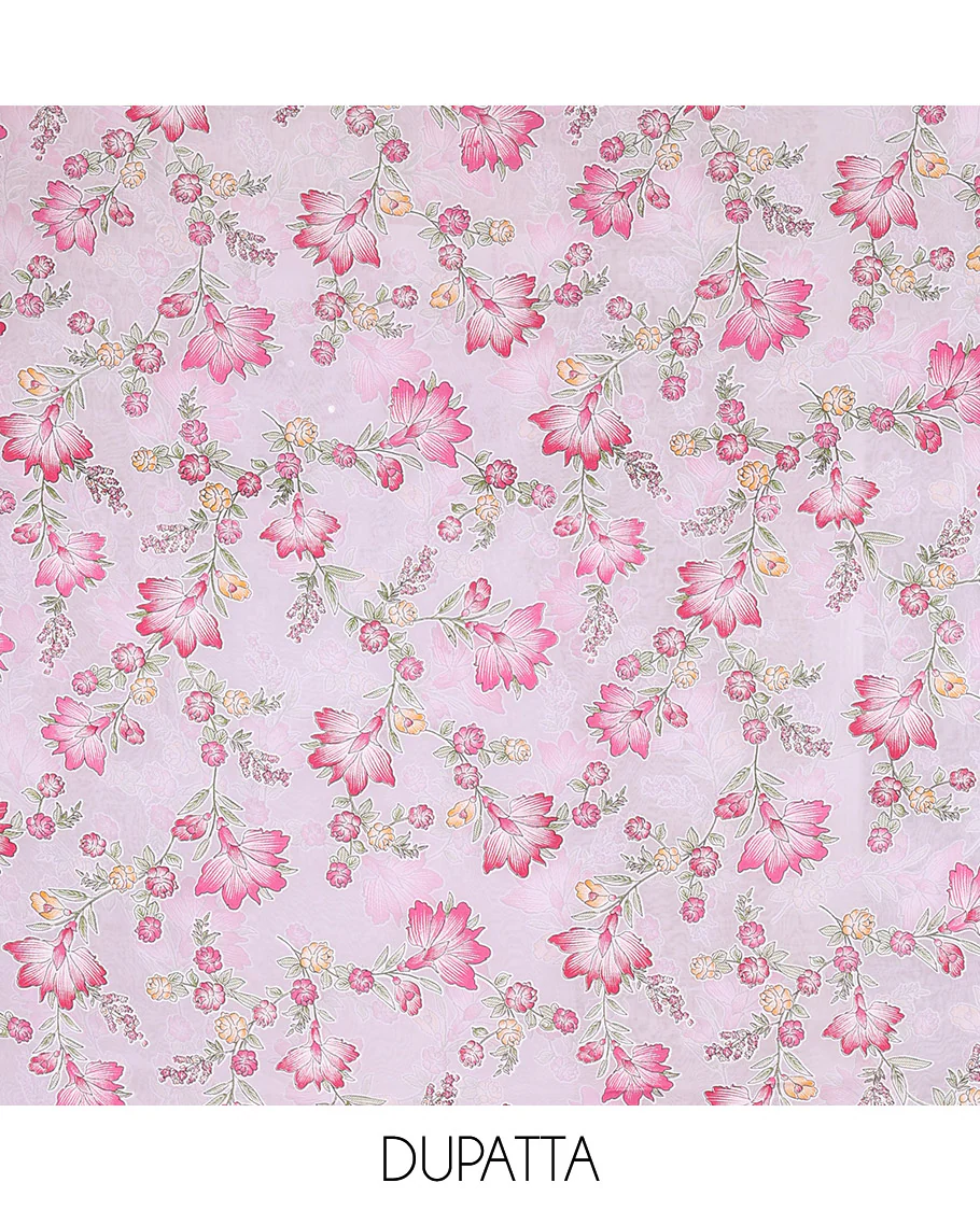 White-pink material chudidar set, floral vine printed with orginal mirror work Vichitra silk top, a matching bottom, and a floral vine printed georgette dupatta - Image 5