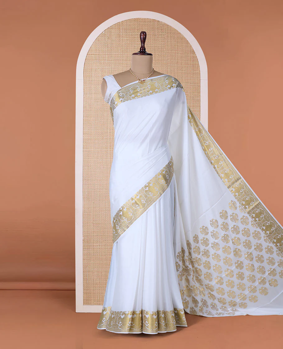 White plain Mysore silk saree, two-headed eagle zari border, and pallu steeped with two-headed eagle motifs - Image 2