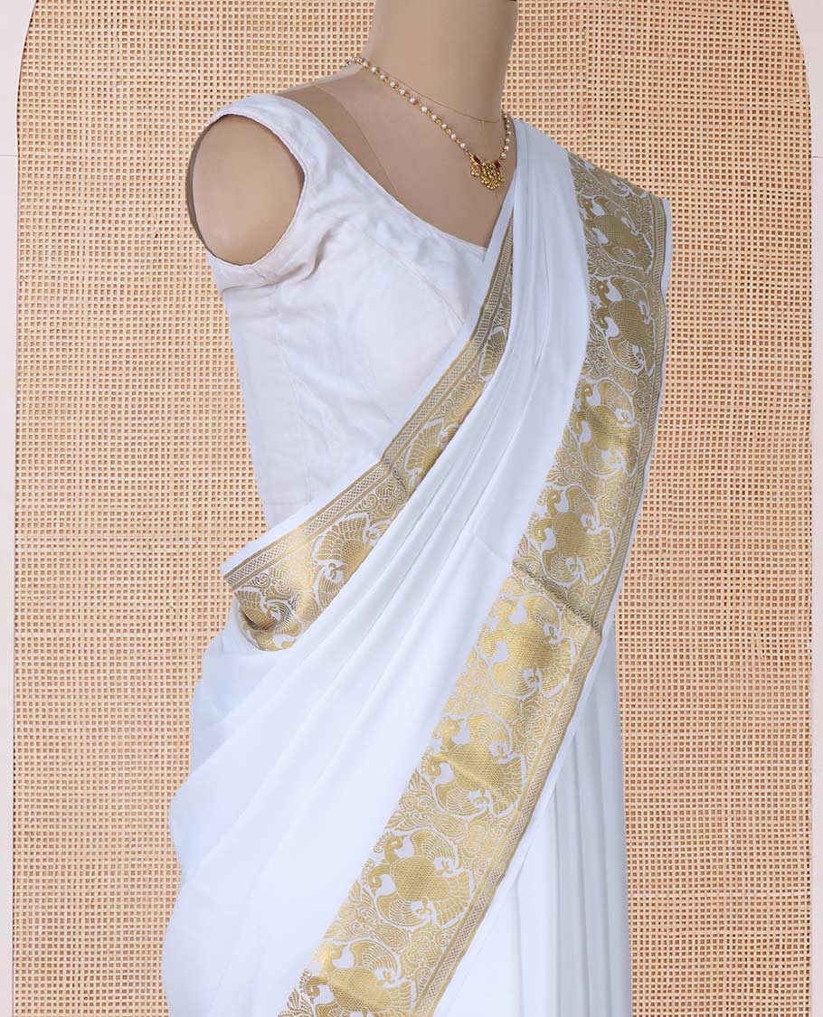 White plain Mysore silk saree, two-headed eagle zari border, and pallu steeped with two-headed eagle motifs - Image 3