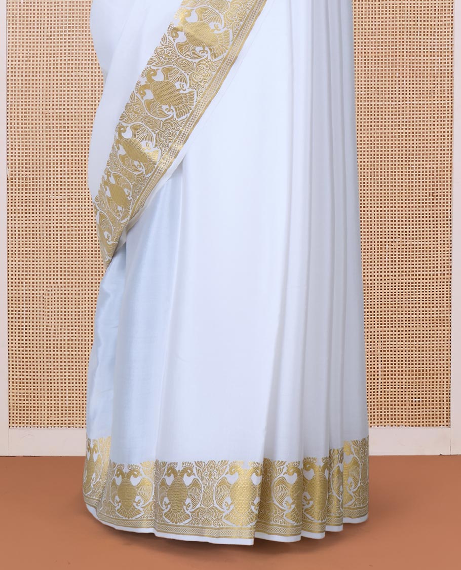 White plain Mysore silk saree, two-headed eagle zari border, and pallu steeped with two-headed eagle motifs - Image 4