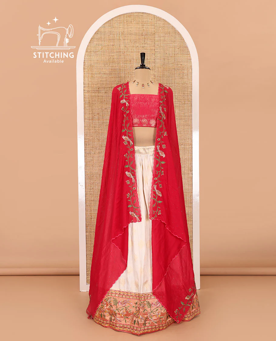 White-red half-saree, buttas with contrast bird motifs embroidered with stone work, bordered patola silk skirt, zari brocade blouse, and a Syska georgette embroidered dhavani - Image 2