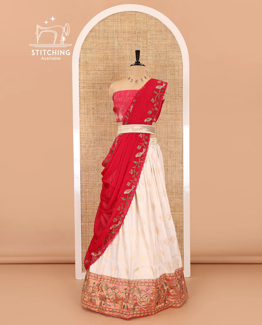 White-red half-saree, buttas with contrast bird motifs embroidered with stone work, bordered patola silk skirt, zari brocade blouse, and a Syska georgette embroidered dhavani - Image 3