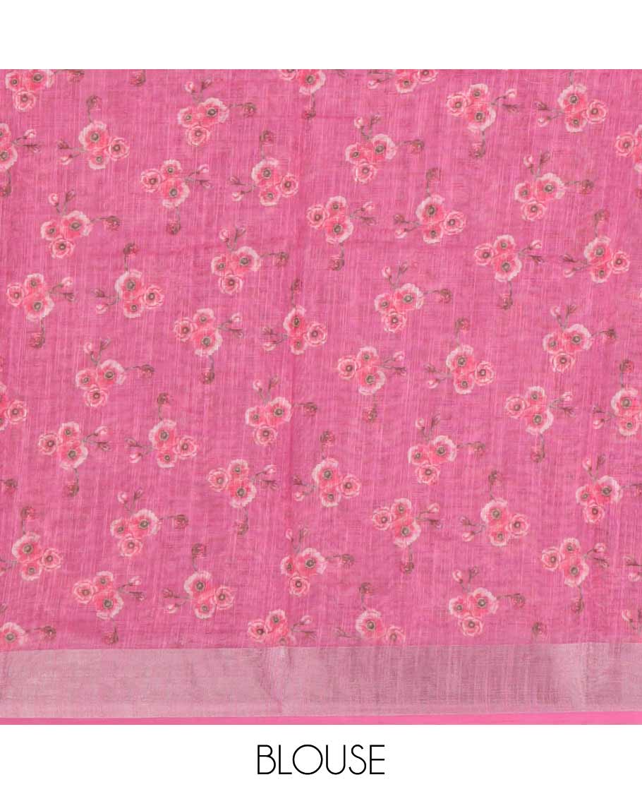 White rose floral printed linen saree, contrast silver bavanji border, floral printed pallu & floral printed gajri blouse - Image 3