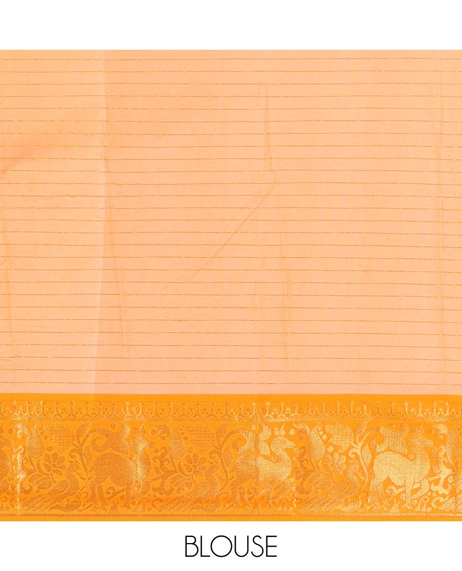 White Semi-Taffeta Saree Enthralled with Medium-Sized Zari Checks, Complemented with a Contrast Border Featuring Floral and Deer Motifs in Zari, Pallu of Stripes, and Paired with a Contrast Blouse - Image 3