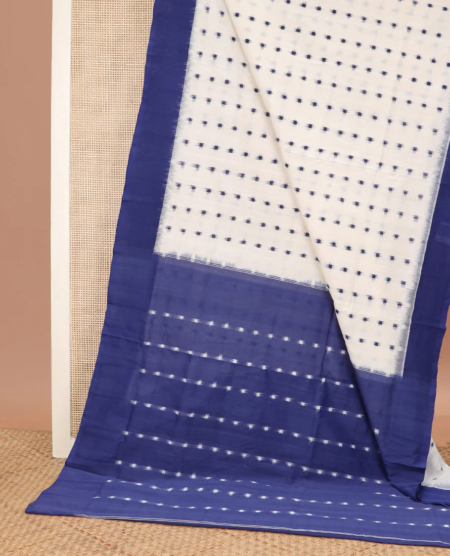 White square buttas Pochampally ikkat saree, contrast plain border, and square buttas pallu - Image 2