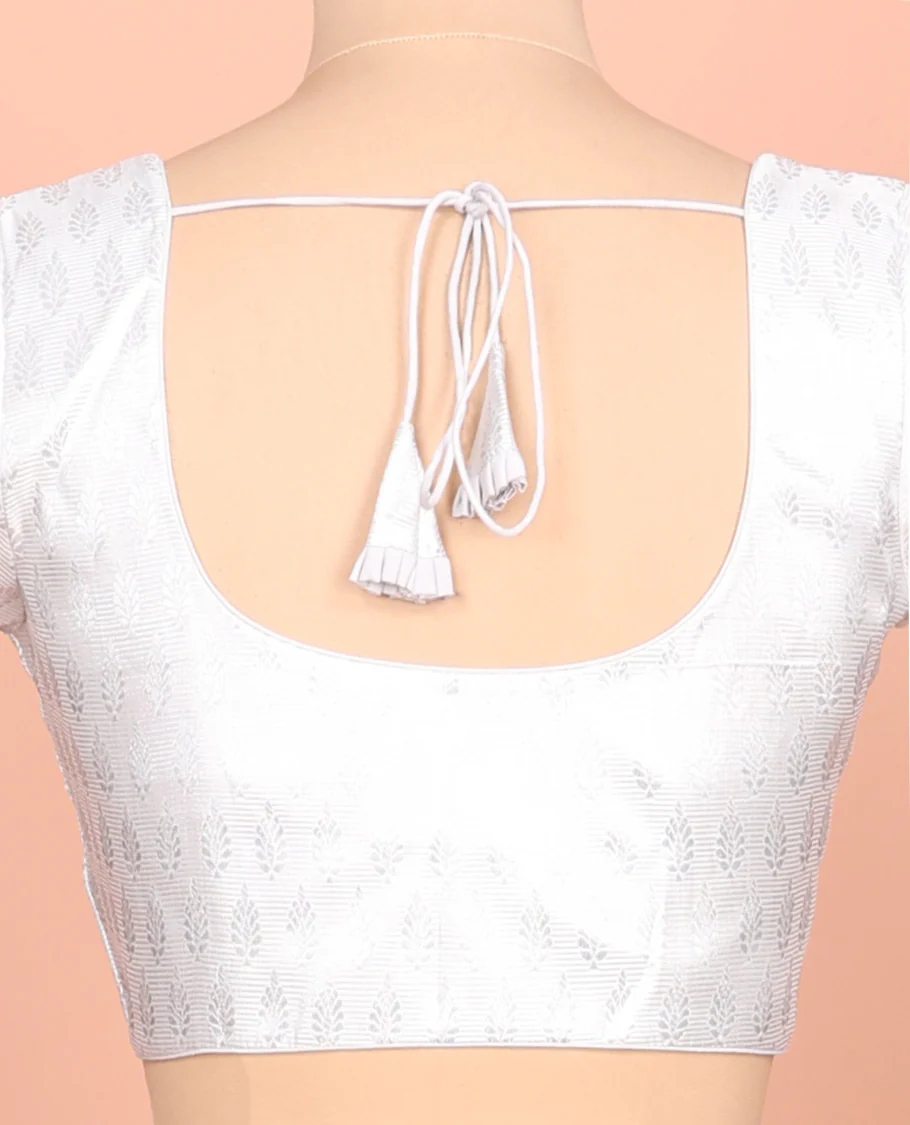 White striped and buttas front-back round neck elbow-sleeve readymade blouse - Image 4