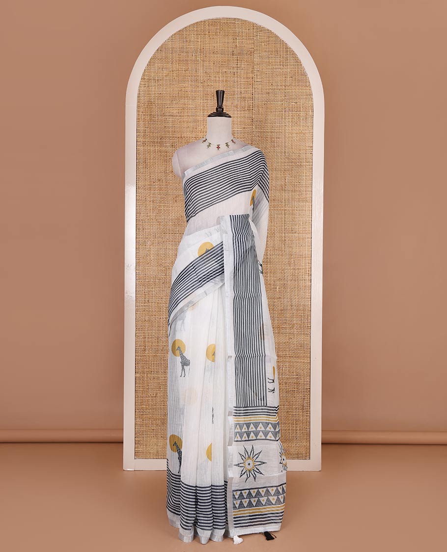 White sun and the giraffe motifs printed linen cotton saree, stripes printed zari piping border, pallu of triangle, and sun motifs print, and striped pallu - Image 2