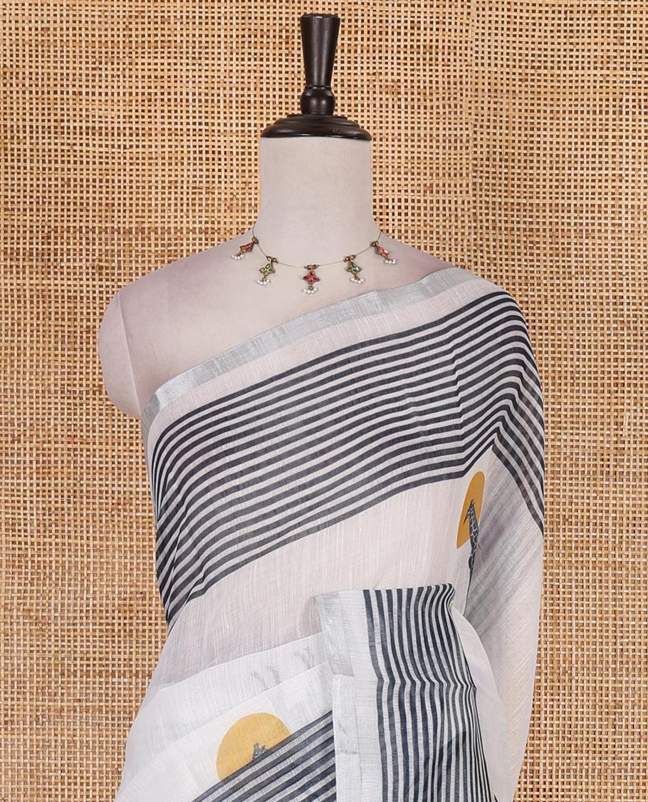White sun and the giraffe motifs printed linen cotton saree, stripes printed zari piping border, pallu of triangle, and sun motifs print, and striped pallu - Image 3